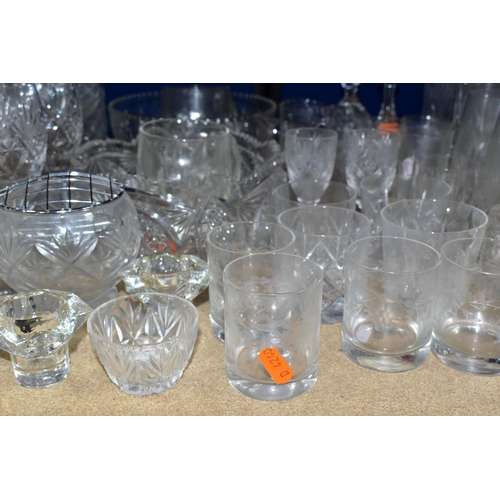 414 - A QUANTITY OF CUT CRYSTAL AND GLASSWARES, comprising a Waterford Lismore pattern ship's decanter, a ... 