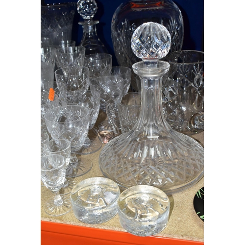 414 - A QUANTITY OF CUT CRYSTAL AND GLASSWARES, comprising a Waterford Lismore pattern ship's decanter, a ... 