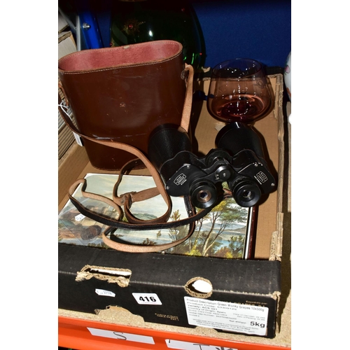 416 - A BOX OF BINOCULARS, GLASS WARES AND SUNDRY ITEMS, comprising a leather cased pair of Ross Enbeeco 1... 