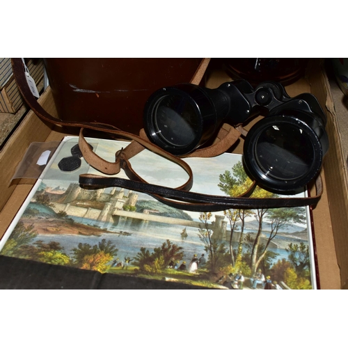 416 - A BOX OF BINOCULARS, GLASS WARES AND SUNDRY ITEMS, comprising a leather cased pair of Ross Enbeeco 1... 