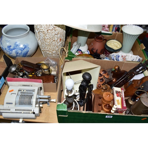 430 - THREE BOXES AND LOOSE CERAMICS, TREEN, METAL WARES AND SUNDRY ITEMS, to include a Protector Lamp and... 