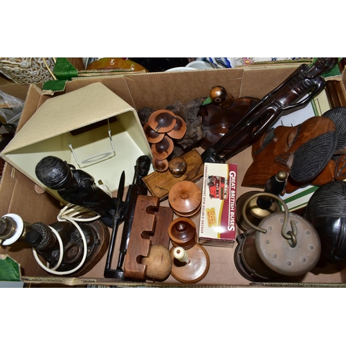 430 - THREE BOXES AND LOOSE CERAMICS, TREEN, METAL WARES AND SUNDRY ITEMS, to include a Protector Lamp and... 