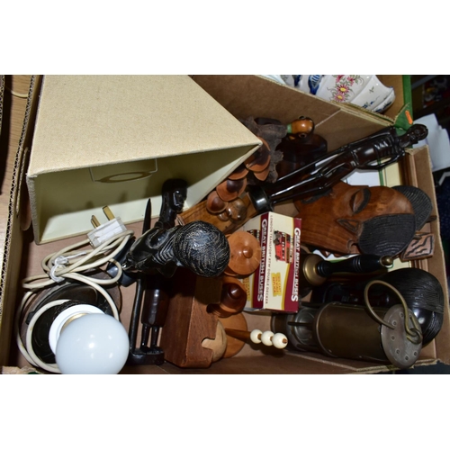 430 - THREE BOXES AND LOOSE CERAMICS, TREEN, METAL WARES AND SUNDRY ITEMS, to include a Protector Lamp and... 