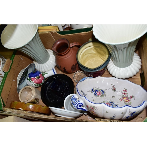 430 - THREE BOXES AND LOOSE CERAMICS, TREEN, METAL WARES AND SUNDRY ITEMS, to include a Protector Lamp and... 