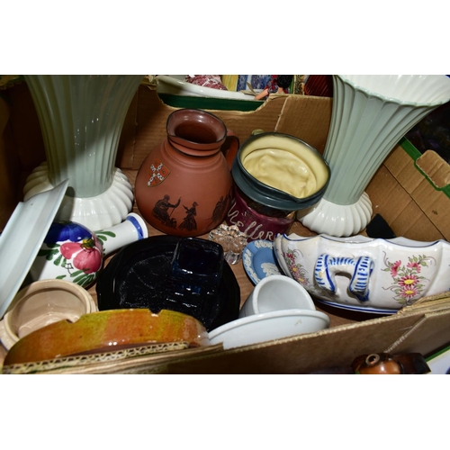 430 - THREE BOXES AND LOOSE CERAMICS, TREEN, METAL WARES AND SUNDRY ITEMS, to include a Protector Lamp and... 