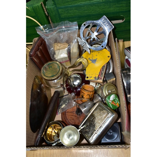 430 - THREE BOXES AND LOOSE CERAMICS, TREEN, METAL WARES AND SUNDRY ITEMS, to include a Protector Lamp and... 