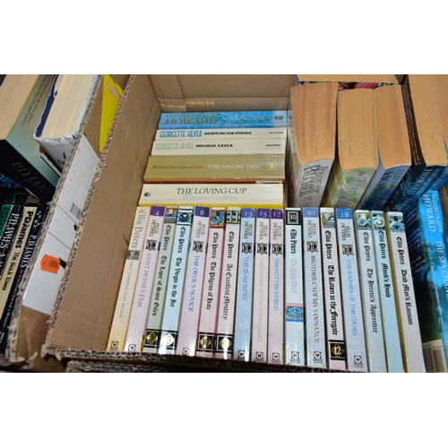 433 - BOOKS, five boxes containing approximately 135 titles, mostly in paperback format and featuring nove... 