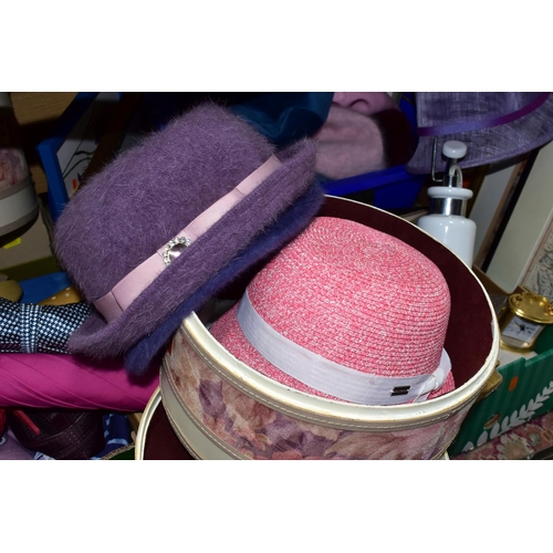 434 - SIX BOXES AND LOOSE LADIES' FASHION ACCESSORIES AND HOMEWARES, to include ladies' hats in hat boxes ... 