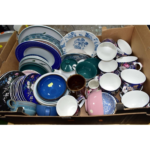 440 - THREE BOXES AND LOOSE CERAMICS AND GLASSWARE, including a small quantity of Denby Green Wheat tea wa... 