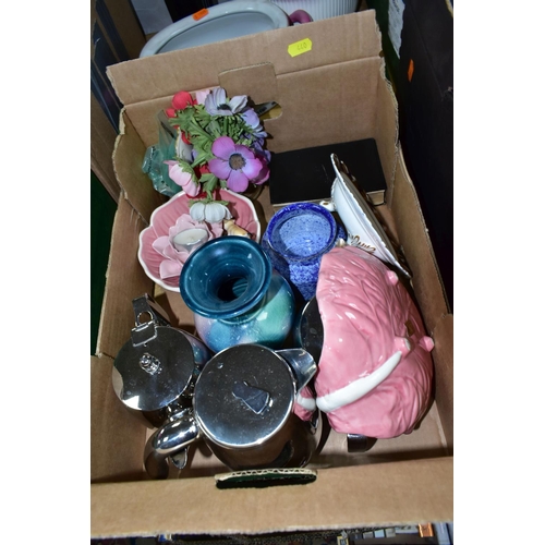 440 - THREE BOXES AND LOOSE CERAMICS AND GLASSWARE, including a small quantity of Denby Green Wheat tea wa... 