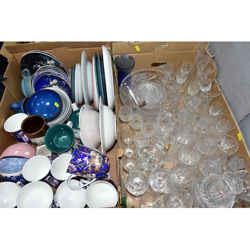 440 - THREE BOXES AND LOOSE CERAMICS AND GLASSWARE, including a small quantity of Denby Green Wheat tea wa... 