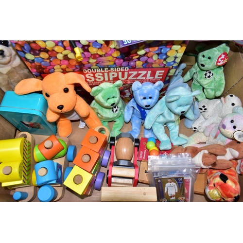 441 - TWO BOXES OF MODERN SOFT TOYS AND GAMES, including TY items, puzzles, wooden Smyths train items, pai... 