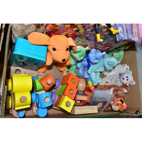 441 - TWO BOXES OF MODERN SOFT TOYS AND GAMES, including TY items, puzzles, wooden Smyths train items, pai... 