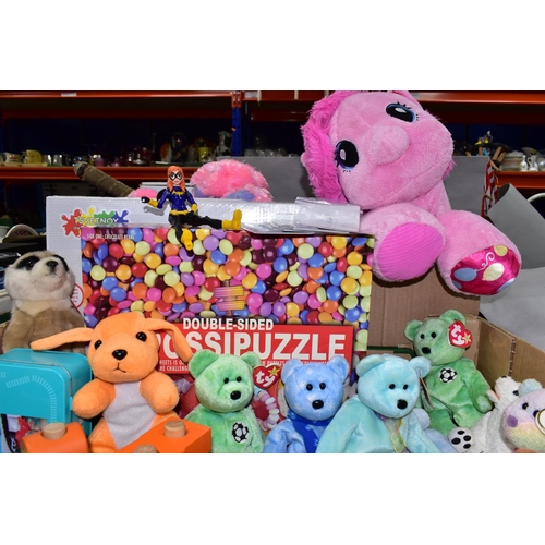 441 - TWO BOXES OF MODERN SOFT TOYS AND GAMES, including TY items, puzzles, wooden Smyths train items, pai... 