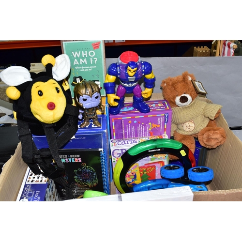 441 - TWO BOXES OF MODERN SOFT TOYS AND GAMES, including TY items, puzzles, wooden Smyths train items, pai... 