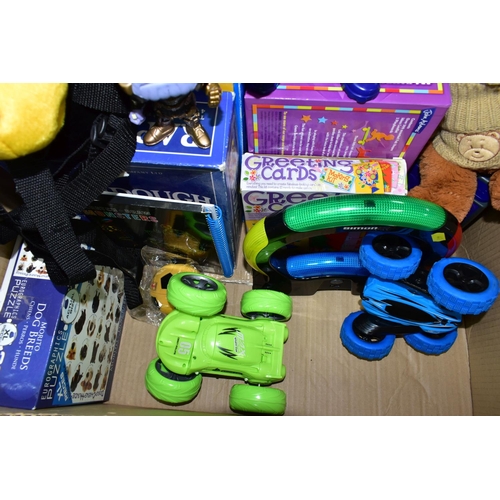 441 - TWO BOXES OF MODERN SOFT TOYS AND GAMES, including TY items, puzzles, wooden Smyths train items, pai... 