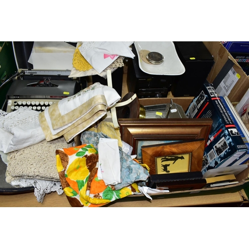 443 - A BOX AND LOOSE OF BOOKS, TEXTILES, OVAL WALL MIRROR, PANASONIC STEREO SYSTEM, ETC, including a smal... 