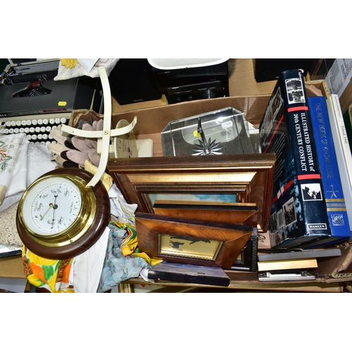 443 - A BOX AND LOOSE OF BOOKS, TEXTILES, OVAL WALL MIRROR, PANASONIC STEREO SYSTEM, ETC, including a smal... 