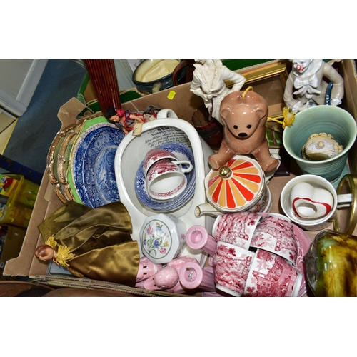 444 - THREE BOXES AND LOOSE METALWARE, CLOCKS, TWO PEGGY NISBET COSTUME DOLLS AND ASSORTED CERAMICS, PICTU... 