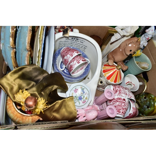 444 - THREE BOXES AND LOOSE METALWARE, CLOCKS, TWO PEGGY NISBET COSTUME DOLLS AND ASSORTED CERAMICS, PICTU... 