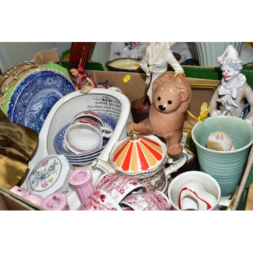 444 - THREE BOXES AND LOOSE METALWARE, CLOCKS, TWO PEGGY NISBET COSTUME DOLLS AND ASSORTED CERAMICS, PICTU... 