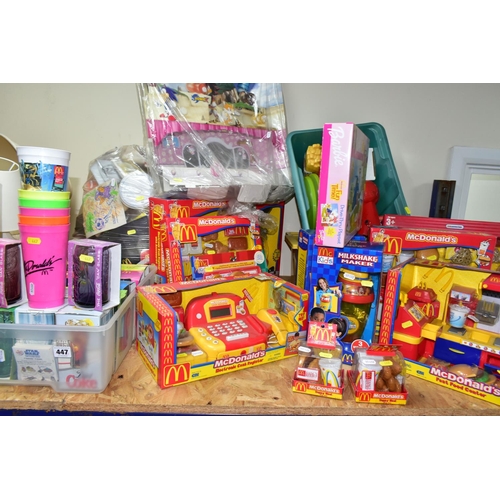 447 - A QUANTITY OF MCDONALDS BOXED PLAY SETS, A BAG OF WRAPPERS, COCA COLA GLASSES, ETC, including Happy ... 