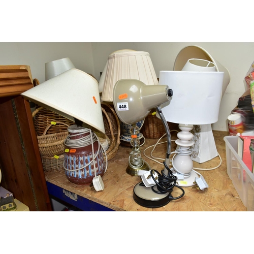 448 - EIGHT ASSORTED TABLE LAMPS AND A QUANTITY OF WICKER BASKETS, the lamps mostly ceramic based, all wit... 