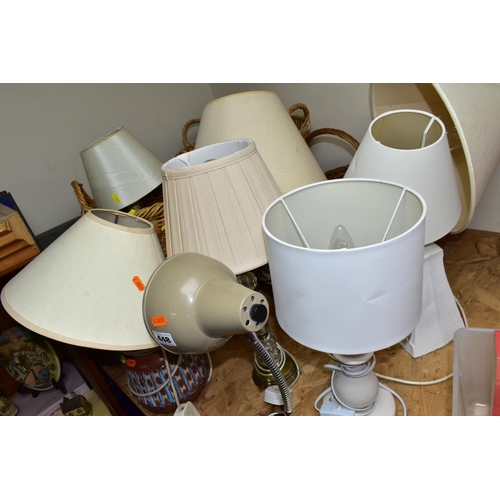 448 - EIGHT ASSORTED TABLE LAMPS AND A QUANTITY OF WICKER BASKETS, the lamps mostly ceramic based, all wit... 