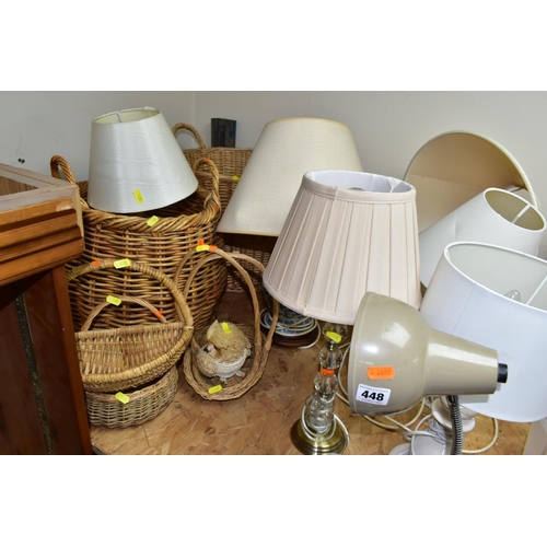 448 - EIGHT ASSORTED TABLE LAMPS AND A QUANTITY OF WICKER BASKETS, the lamps mostly ceramic based, all wit... 