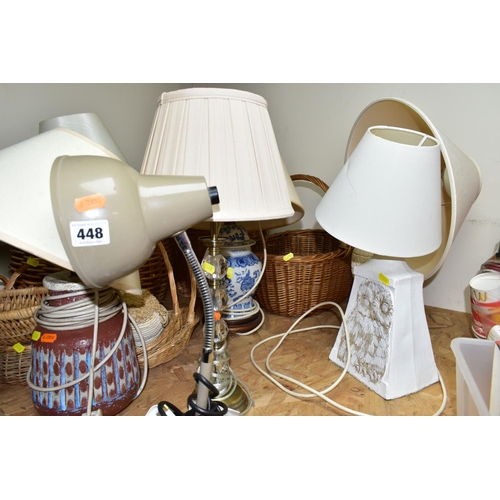 448 - EIGHT ASSORTED TABLE LAMPS AND A QUANTITY OF WICKER BASKETS, the lamps mostly ceramic based, all wit... 