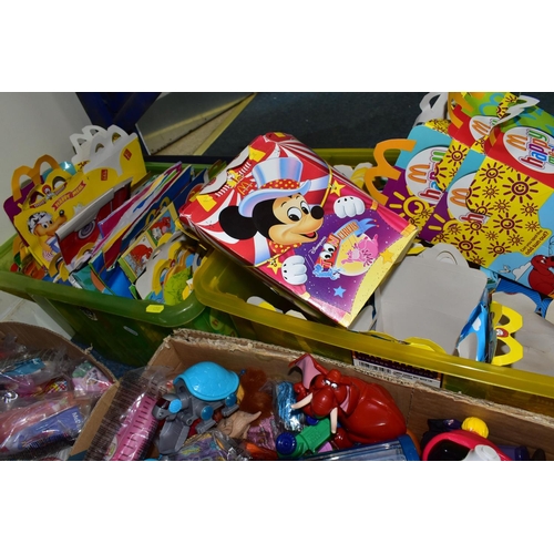 450 - TEN BOXES OF MCDONALDS HAPPY MEALS TOYS (MANY SEALED) AND HAPPY MEAL PACKAGING, ETC, themes include ... 