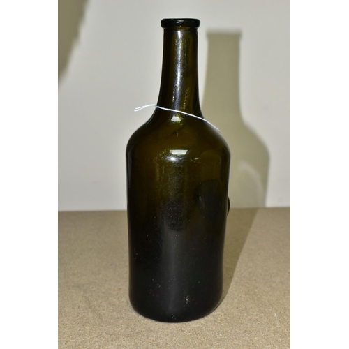 455 - A 19TH CENTURY GREEN GLASS SEALED WINE BOTTLE, with pictorial seal of a sheaf of corn and two arms, ... 