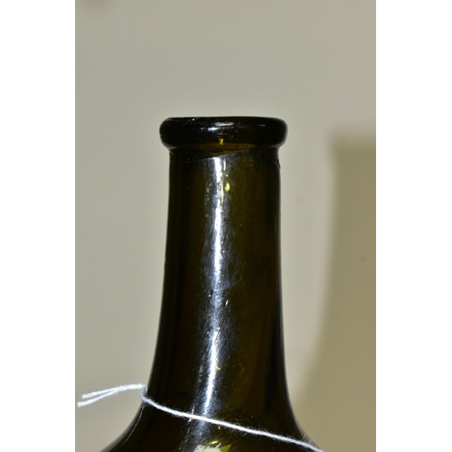 455 - A 19TH CENTURY GREEN GLASS SEALED WINE BOTTLE, with pictorial seal of a sheaf of corn and two arms, ... 