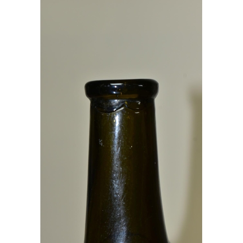 455 - A 19TH CENTURY GREEN GLASS SEALED WINE BOTTLE, with pictorial seal of a sheaf of corn and two arms, ... 