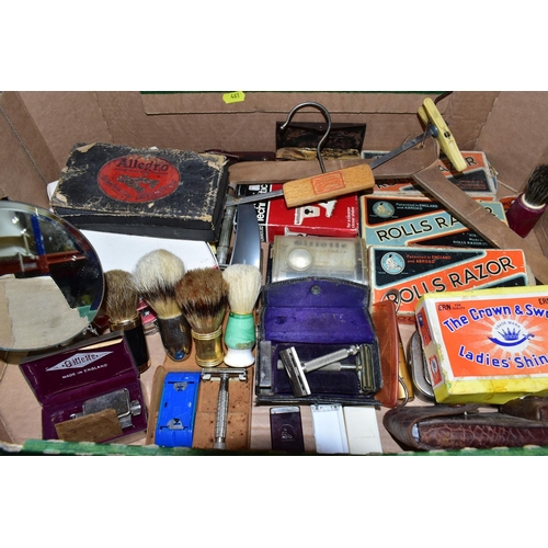 461 - TWO BOXES AND A BRIEFCASE OF GENTLEMENS VINTAGE GROOMING ACCESSORIES, including assorted razors, sha... 