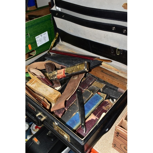 461 - TWO BOXES AND A BRIEFCASE OF GENTLEMENS VINTAGE GROOMING ACCESSORIES, including assorted razors, sha... 