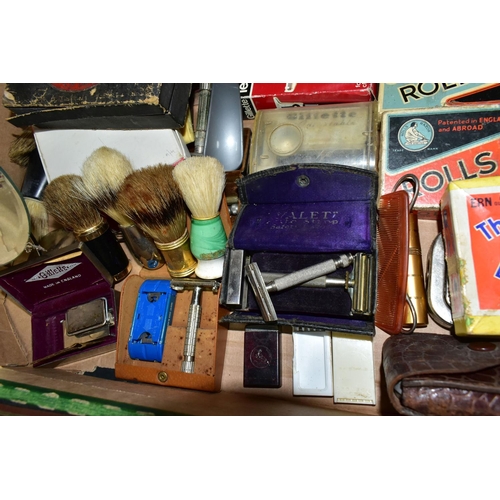 461 - TWO BOXES AND A BRIEFCASE OF GENTLEMENS VINTAGE GROOMING ACCESSORIES, including assorted razors, sha... 