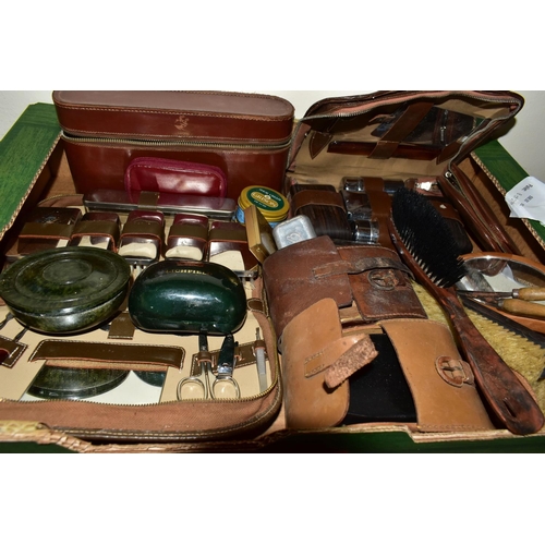 461 - TWO BOXES AND A BRIEFCASE OF GENTLEMENS VINTAGE GROOMING ACCESSORIES, including assorted razors, sha... 