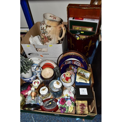 463 - TWO BOXES OF CERAMICS, TABLE LINEN, COASTERS, ETC,  a cased Erika portable typewriter, a wooden bin ... 