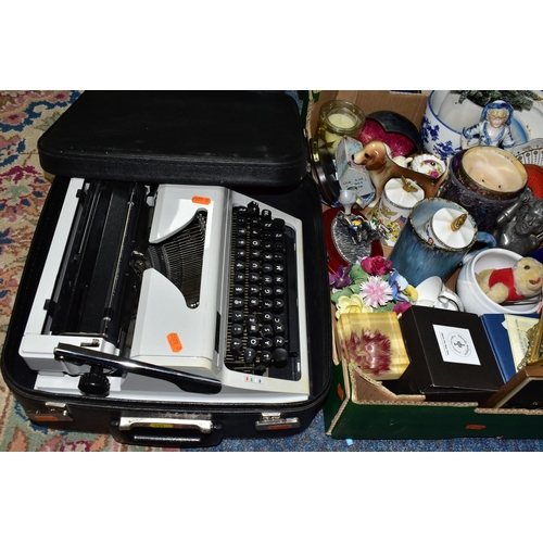 463 - TWO BOXES OF CERAMICS, TABLE LINEN, COASTERS, ETC,  a cased Erika portable typewriter, a wooden bin ... 