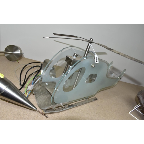 465 - TWO NOVELTY LIGHT FITTINGS, in the form of a helicopter and a jet aeroplane, in metal and Perspex, h... 