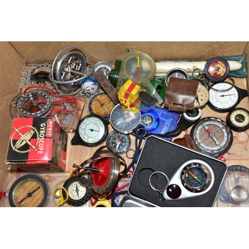 472 - A BOX OF COMPASSES & GYROSCOPES including a Military Map Compass