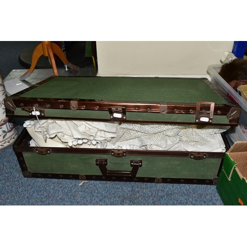 476 - A CASE OF FRENCH HOUSEHOLD LINENS, the large green case having an approximate length of 74.5cm x wid... 