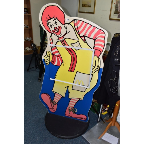 479 - A LARGE RONALD MCDONALD DISPLAY BOARD, with holder for advertisements or notices, plastic coated on ... 