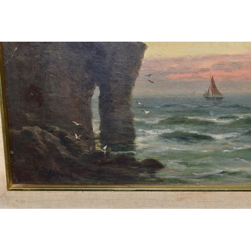 480 - GEORGE HENRY JENKINS (BRITISH 1843-1914) AN UNTITLED SUNSET MARITIME SEASCAPE, cliffs and rocks to t... 