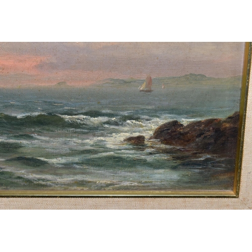 480 - GEORGE HENRY JENKINS (BRITISH 1843-1914) AN UNTITLED SUNSET MARITIME SEASCAPE, cliffs and rocks to t... 