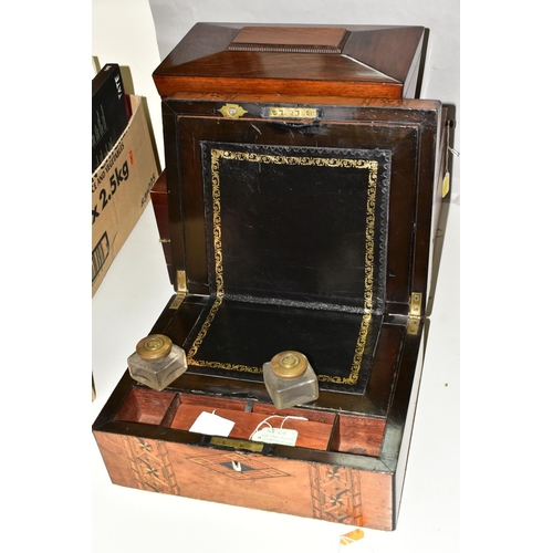 482 - A REGENCY ROSEWOOD TEA CADDY AND TWO WRITING SLOPES, the tea caddy of sarcophagus form supported on ... 