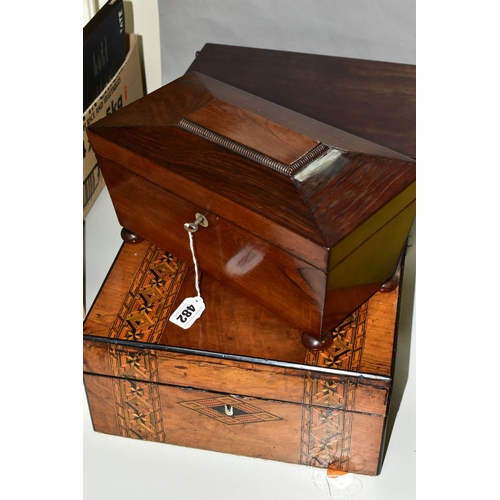 482 - A REGENCY ROSEWOOD TEA CADDY AND TWO WRITING SLOPES, the tea caddy of sarcophagus form supported on ... 