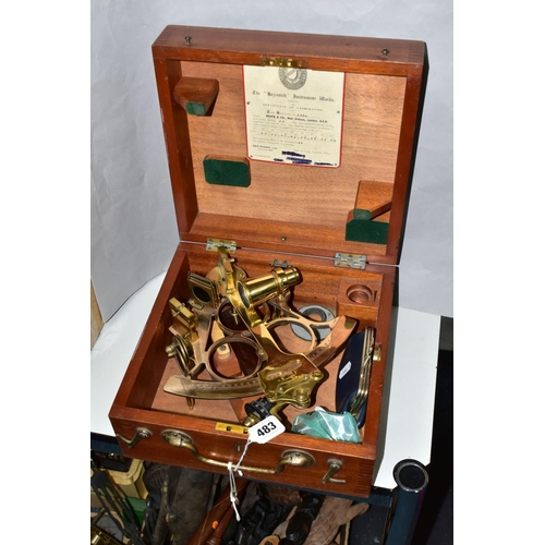 483 - A CASED HEATH & CO 'HEZZANITH' BRASS AND COPPER SEXTANT, with Bakelite handgrip, the case having an ... 