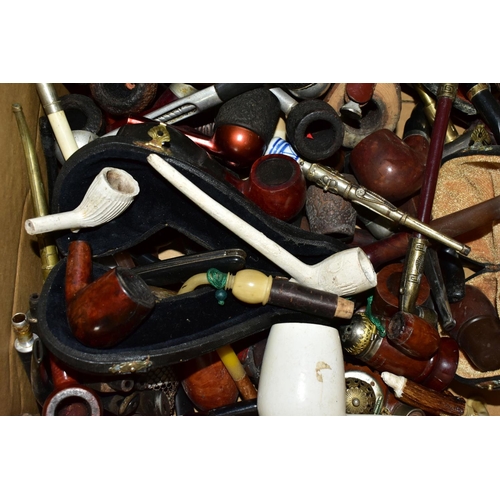 485 - A BOX OF PIPES, to include over forty pipes, part pipes and accessories, clay pipes including an RAO... 